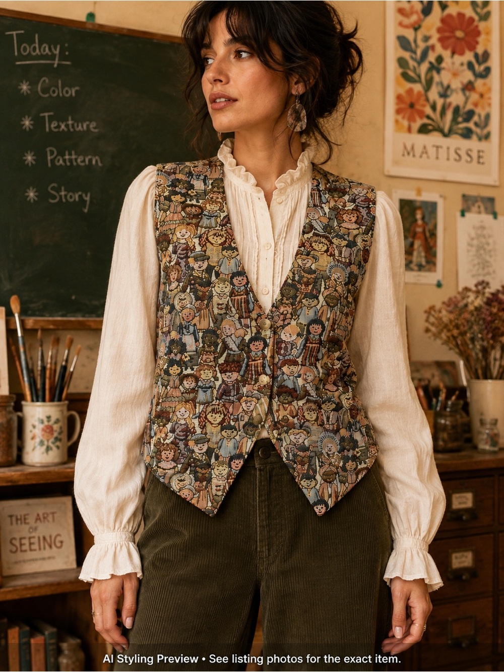 Vintage Pioko S/M Tapestry Vest Doll People Print Tie Back Cottagecore
